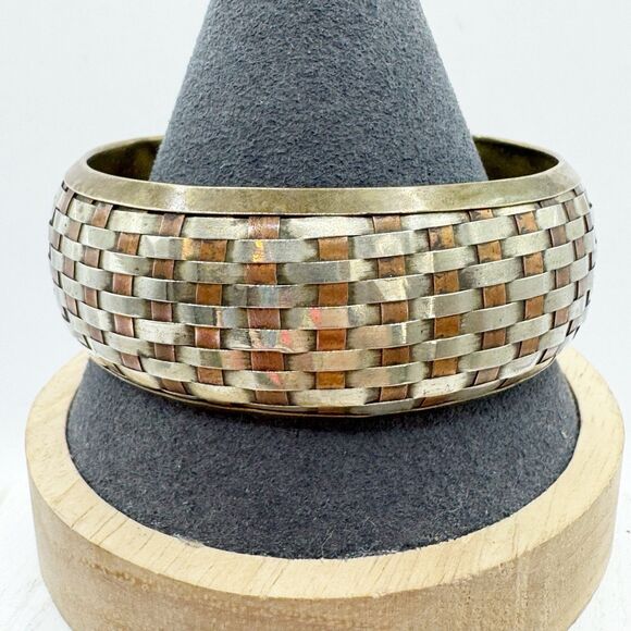 Vtg Woven Mixed Metal Brass Chunky Bangle Bracelet Boho Bohemian Copper Silver - Picture 1 of 13